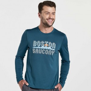 Men's Saucony Stopwatch Graphic Long Sleeve T-Shirt Blue | SOUTHAFRICA-NUF