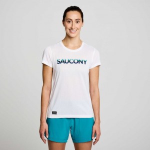 Women's Saucony Stopwatch Graphic Short Sleeve T-Shirt White | SOUTHAFRICA-QGM