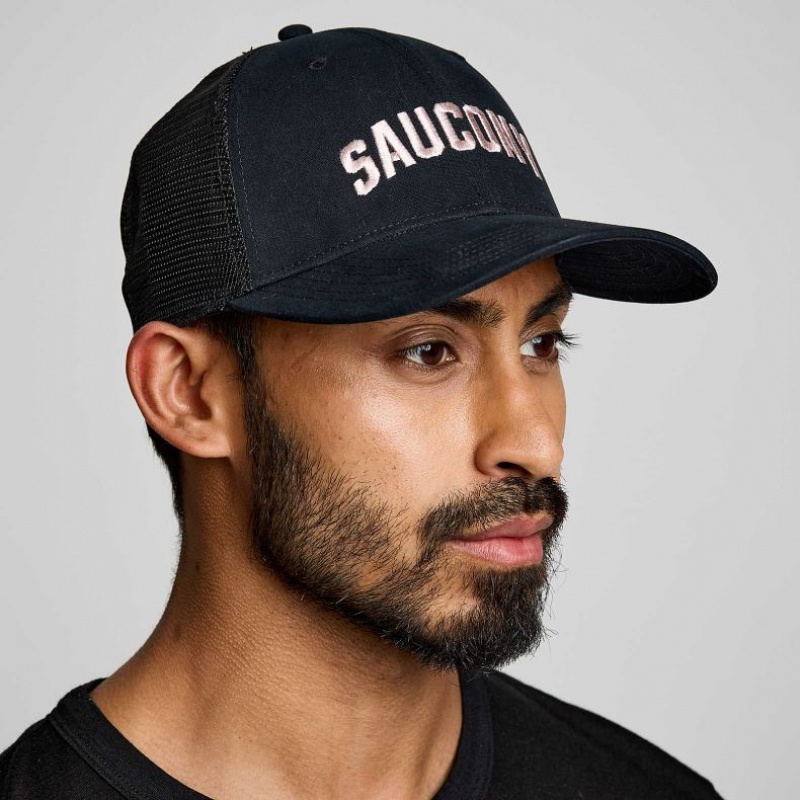 Men\'s Saucony Adjustable Snap Back Trucker Hats Black | SOUTHAFRICA-TUW