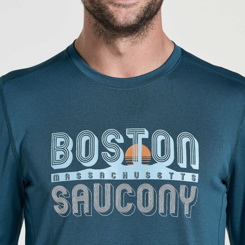 Men's Saucony Stopwatch Graphic Long Sleeve T-Shirt Blue | SOUTHAFRICA-NUF